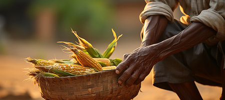 Farmer holding fresh corn in basket on blurred background, with copy space for text placementの素材