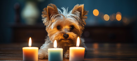 Cute puppy celebrating birthday with delicious cake and lit candles on defocused backgroundの素材