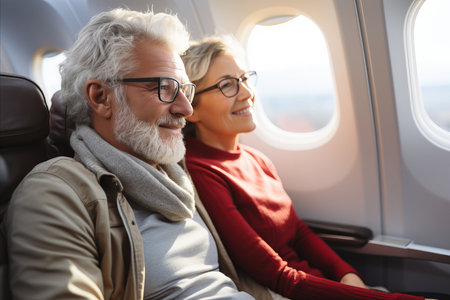 joyful senior couple enjoying travel on blurred plane background with space for textの素材