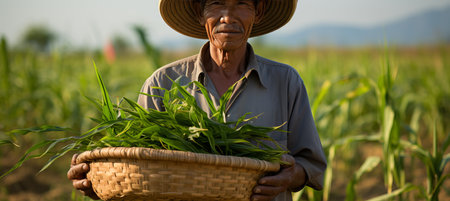 Rural farmer holding basket of fresh corn on blurred defocused background with copy spaceの素材