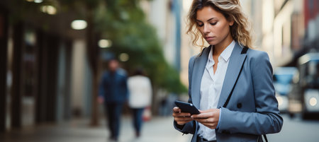 Young businesswoman holding smartphone with blurred background and copy space for text placementの素材