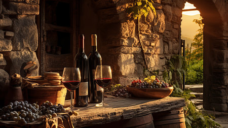 Elegant wine cellar with meticulously arranged bottles and glassware, exuding enchanting vibesの素材