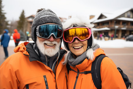 Happy senior couple skiing at ski resort with blurred background, perfect for text placementの素材