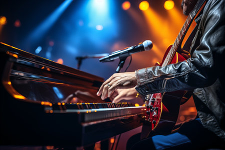 Skilled musician playing keyboard on defocused background with text space for creative placementの素材