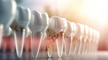 Close up of a dental implant on a blurred defocused background with ample space for text placementの素材