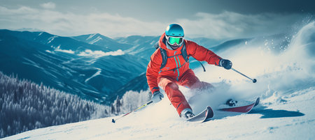 Adventurous skier enjoying an exciting downhill run on a sunny day in the majestic high mountainsの素材
