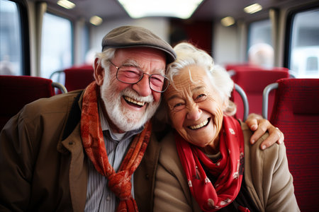 Happy elderly couple traveling on bus with blurred background and copy space for text placementの素材