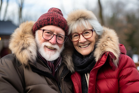 Happy senior couple skiing at ski resort with blurred background and copy space for textの素材