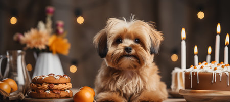 Cute puppy with birthday cake and candles on blurred background, pet birthday conceptの素材