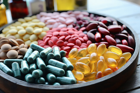 Assorted food supplements elegantly presented on a white plate, promoting a healthy lifestyleの素材