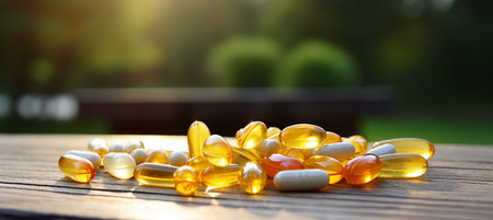 Diverse food supplements on table with blurred background, perfect for customizable text placementの素材