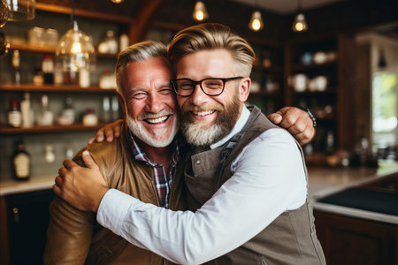 Father and son bonding at home  happy hipster son embracing elderly father on father s dayの素材