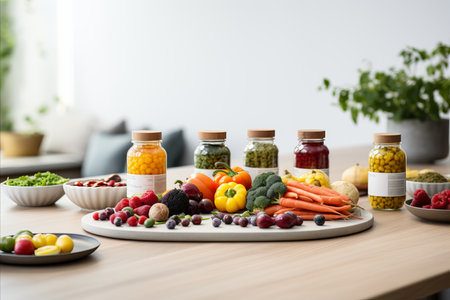 Organic food supplements on wooden table with blurred background and copy space for text placementの素材