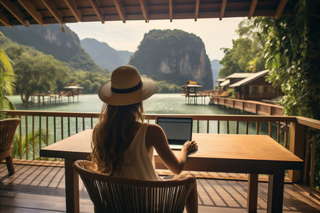 Young woman freelancer immersed in work with laptop, captivated by majestic mountain landscapeの素材
