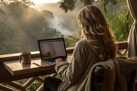 Freelancer woman working online with laptop and enjoying beautiful mountain landscapeの素材