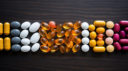 Pregnant woman holding a variety of daily supplements for optimal health and wellnessの素材