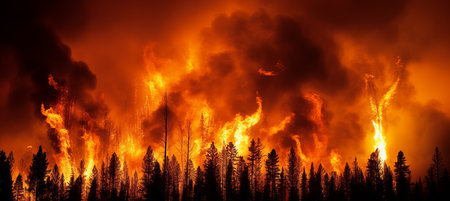 Apocalyptic scene of a massive forest fire engulfing british columbia s pristine wildernessの素材