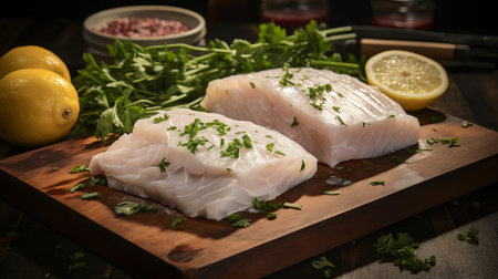 Fresh cod fillets with herbs and lemon, high quality seafood for delicious and healthy mealsの素材