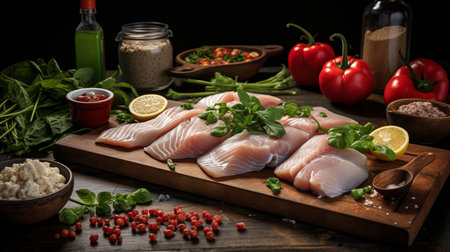 Fresh cod fillets with herbs and lemon   raw seafood ingredients for delicious recipesの素材