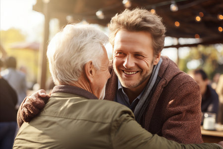 Hipster son s heartfelt embrace of old father at home, celebrating father s day with love and joyの素材