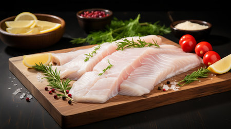 Freshly caught cod fillets seasoned with aromatic herbs and served with a vibrant lemon garnishの素材