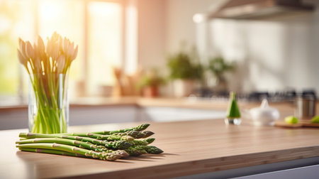 Fresh asparagus on wooden table with blurred background, ideal for text placement and copy spaceの素材