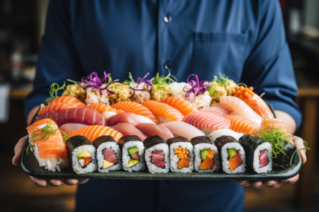 Professional Chef Holding a Delicious Variety of Sushi on a Plate in a Cozy Cafe Settingの素材