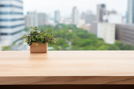 Empty Wood Table in Modern Kitchen with Urban Park and City View for Product Placementの素材