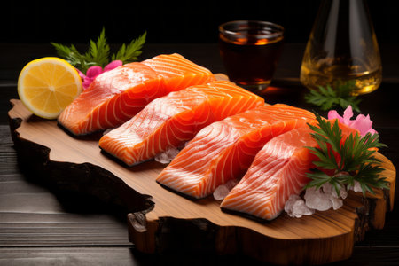 Premium Salmon Sashimi. Freshly Cut, Exquisitely Presented, and Served in a Trendy Cafeの素材