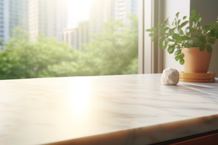 Cityscape Vista. Empty Wood Table in Contemporary Kitchen with Scenic City Park and Breathtaking Urban Landscape for Product Placementの素材