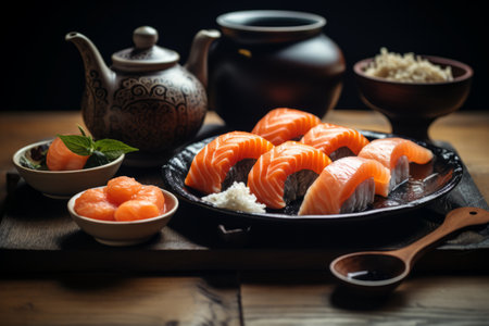 Exquisite Sushi Delights and Traditional Tea Ceremony Unveiled at a Charming Cafeの素材