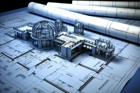 Architectural blueprint with various drafting tools for precise building design and constructionの素材