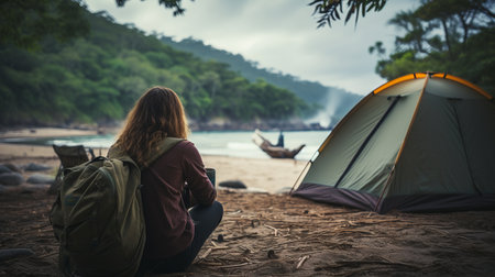 Remote work on beach  young woman freelancer with laptop, vacation, social distancing, e learningの素材