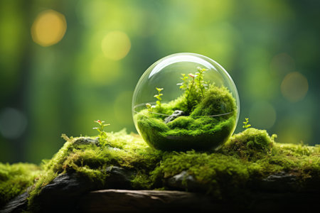 Earth Day. Tranquil Green Globe Embraced by Lush Forest, Moss, and Captivating Defocused Sunlightの素材
