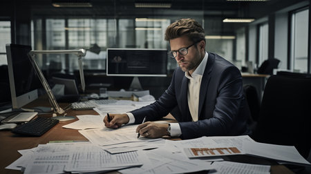 Experienced accountant meticulously examining and analyzing financial data at the modern officeの素材