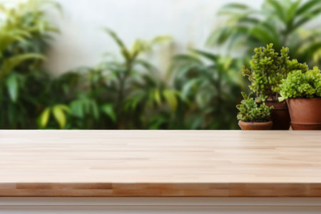 Wooden Table Top for Product Display with Blurred Modern Bright Interior and Abundant Natural Lightの素材