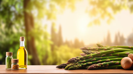 Fresh green asparagus on wooden table with blurred background, copy space, healthy food conceptの素材