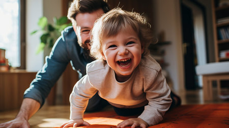 Joyful father and son at home  dad carrying smiling boy on his back, creating special momentsの素材