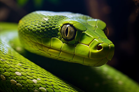 Vibrant green snake with intricate details, close up on a tree branch in the lush jungleの素材