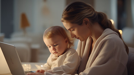 Busy mother multi tasking with laptop while lovingly holding newborn baby at modern bright homeの素材