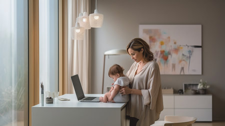 Loving mother multitasking with laptop while tenderly cradling newborn baby at modern bright homeの素材
