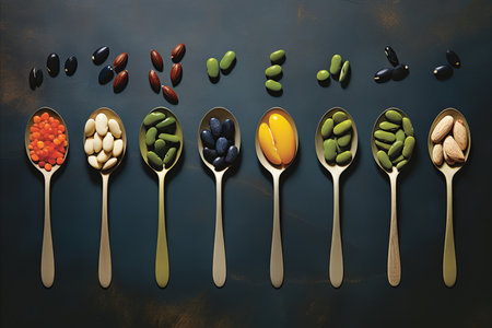 Spoon with a variety of dietary supplements for a nutritious and well balanced lifestyleの素材