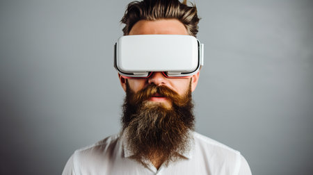 Young man immersed in virtual reality experience, isolated on gray background in studio portraitの素材