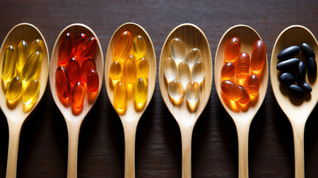 Shiny silver spoon with colorful dietary supplements for enhanced health and wellnessの素材