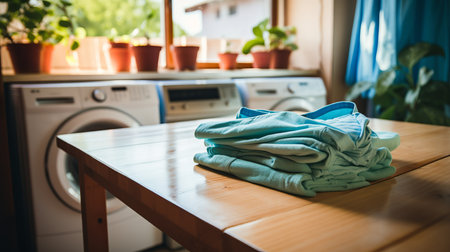 Rustic wooden table with defocused washing machine and neatly stacked laundry in the backgroundの素材