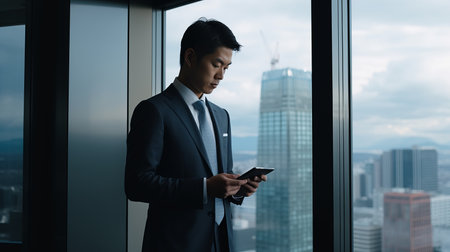 Confident businessman using smartphone in modern office with stunning city view through large windowの素材