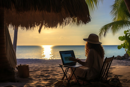 Young woman working on laptop at beach  remote work, vacation, social distancing, e learningの素材