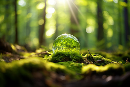 Earth Day. Vibrant Green Globe amidst Mossy Forest with Ethereal Sunlight Filtering Through Treesの素材