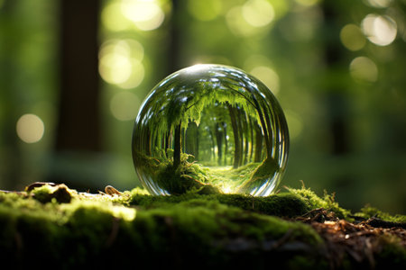 Earth Day. Green Globe in Mossy Forest with Soft Sunlight and Serene Environmentの素材