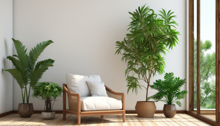 Minimalist interior with armchair and empty canvas on white concrete wall background   3d mockupの素材